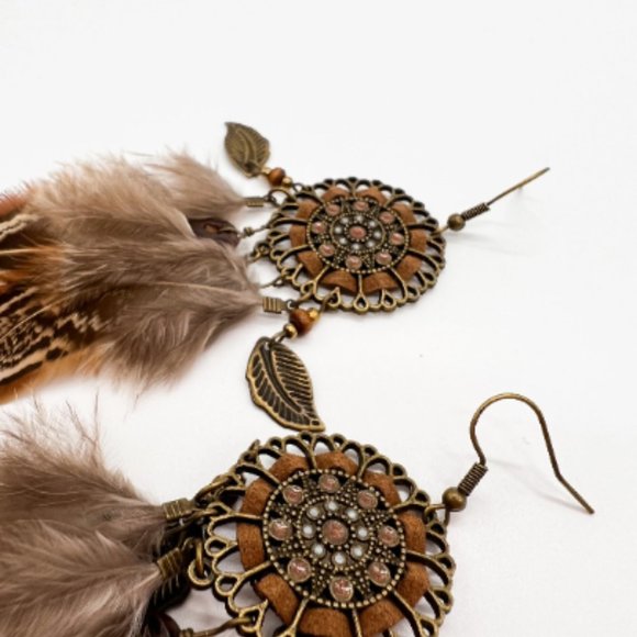 Boho Feather Dreamcatcher Dangle Statement Earrings - Picture 6 of 8